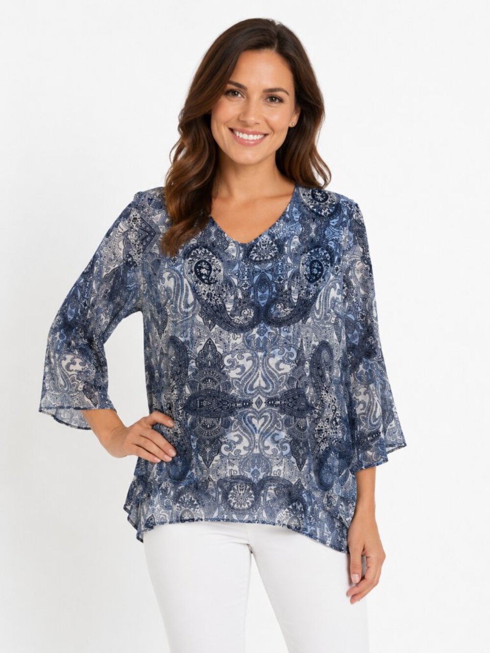 Chico's Chiffon Blue Paisley Blouse Size 1 (8) LW Flowy